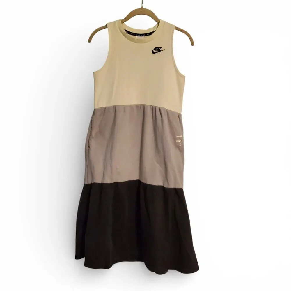 Nike Size Large French Terry Dress Gray White Tiered Colorblock Sleeveless